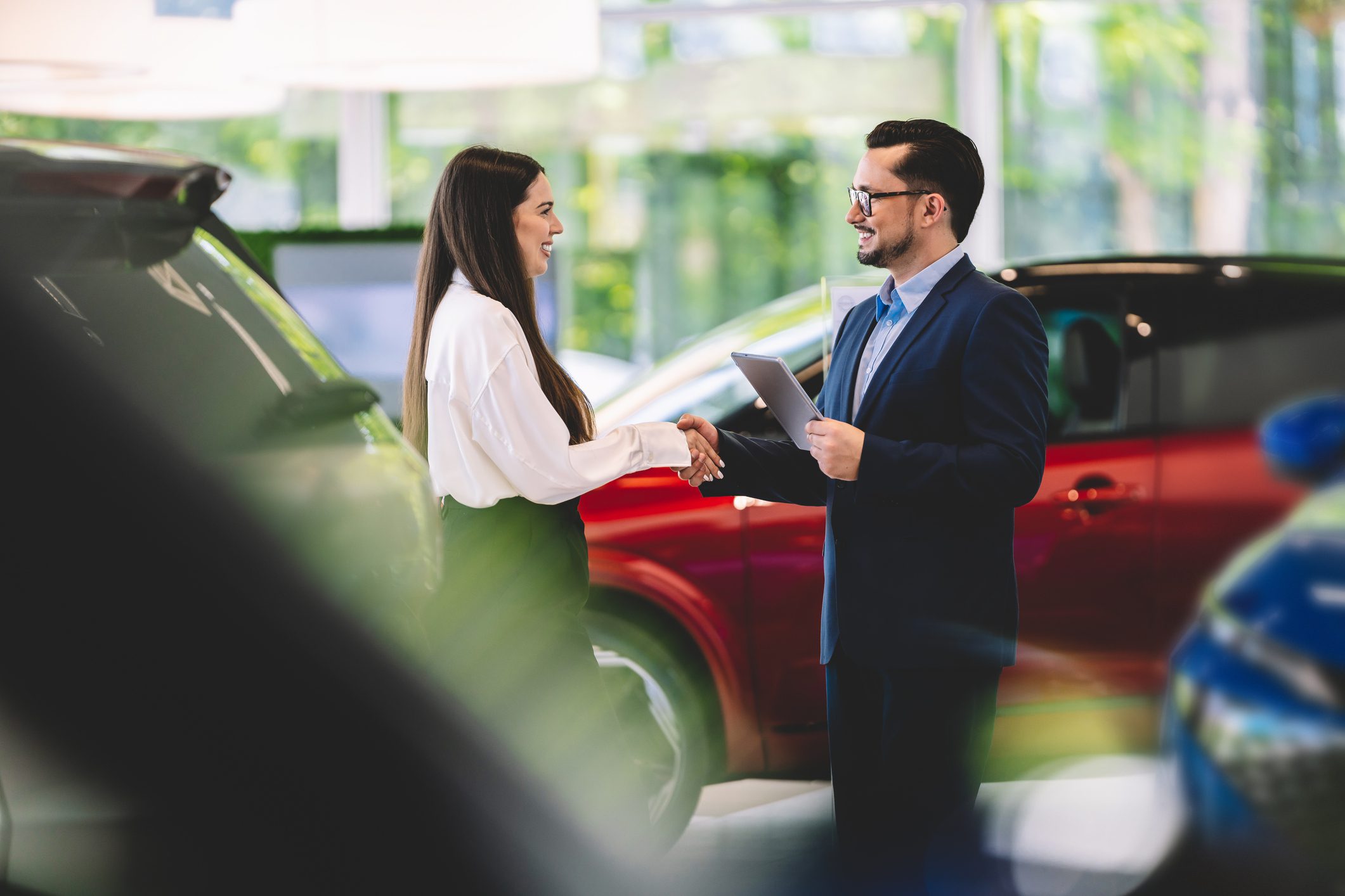 Salesperson and customer in showroom